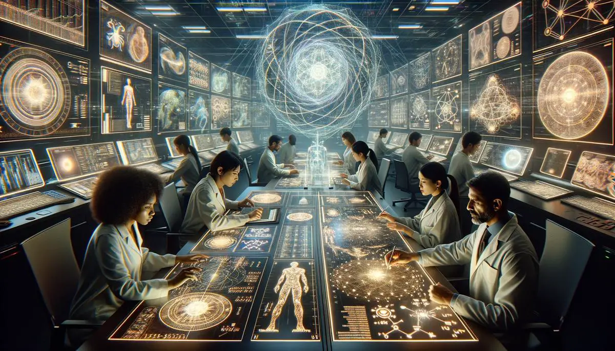 A scientist working on encoding a complex message for interstellar transmission, surrounded by symbols representing mathematics, biology, and human culture