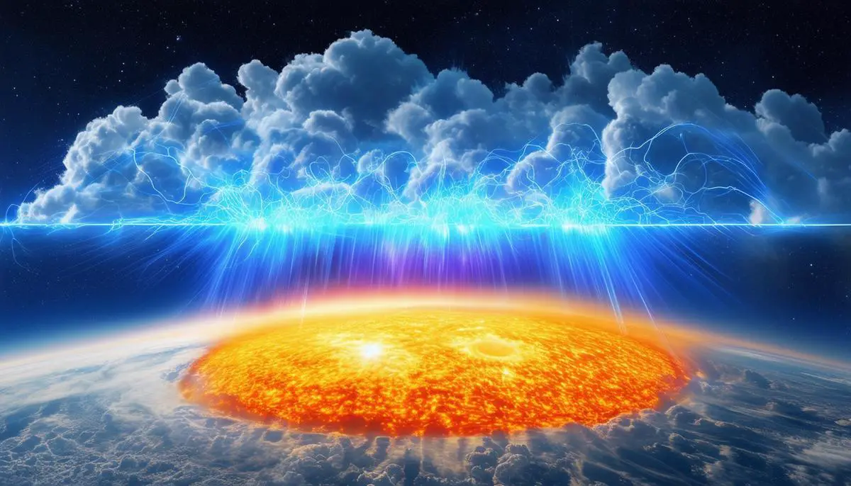 A conceptual image illustrating the potential link between increased cosmic ray flux during the Sun's magnetic field reversal and cloud formation on Earth.