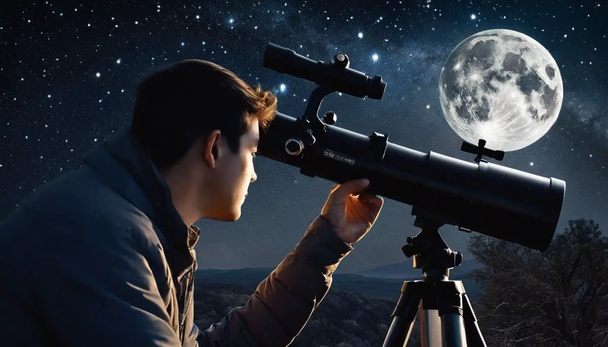 An image of a person looking through a telescope at a star-filled sky, depicting the sense of wonder and curiosity of backyard astronomy