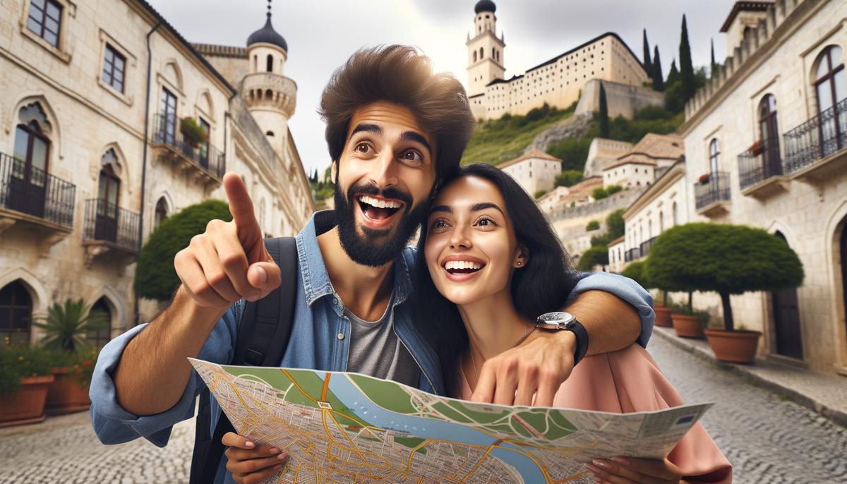 Diverse couple enjoying a travel adventure, looking at a map together in an exotic location