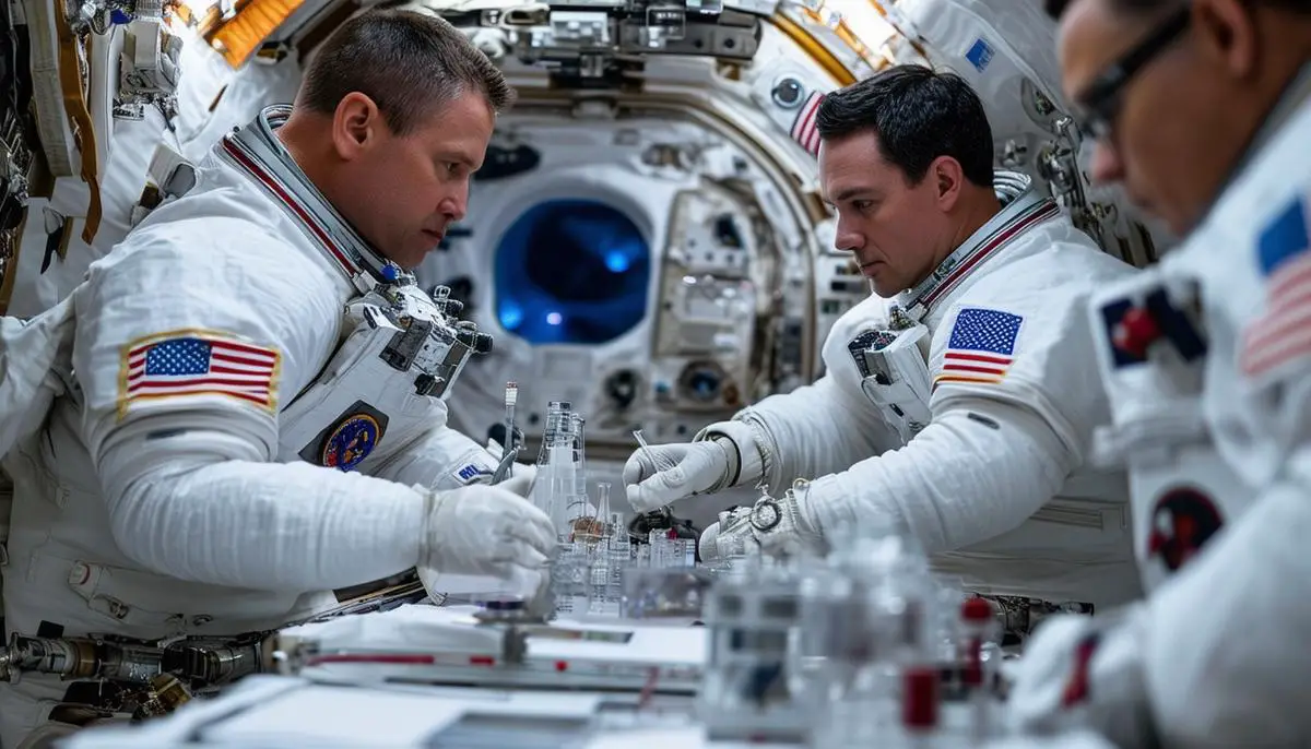 Crew-8 astronauts working on scientific experiments inside the International Space Station laboratory module