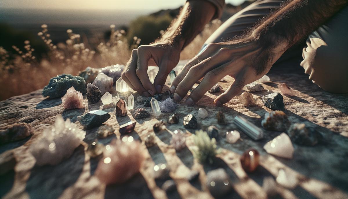 A person carefully arranging various crystals on a natural surface outdoors, preparing for a full moon cleansing ritual