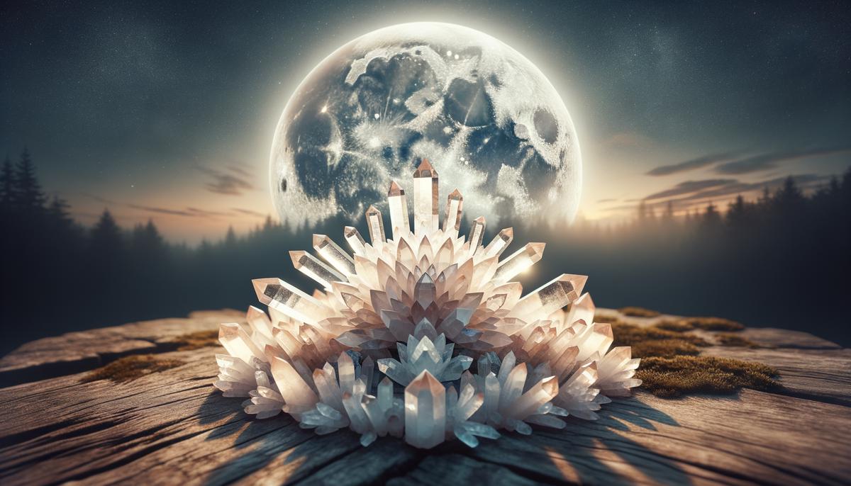 An intricate crystal mandala arranged on the ground, bathed in soft moonlight during a full moon ritual