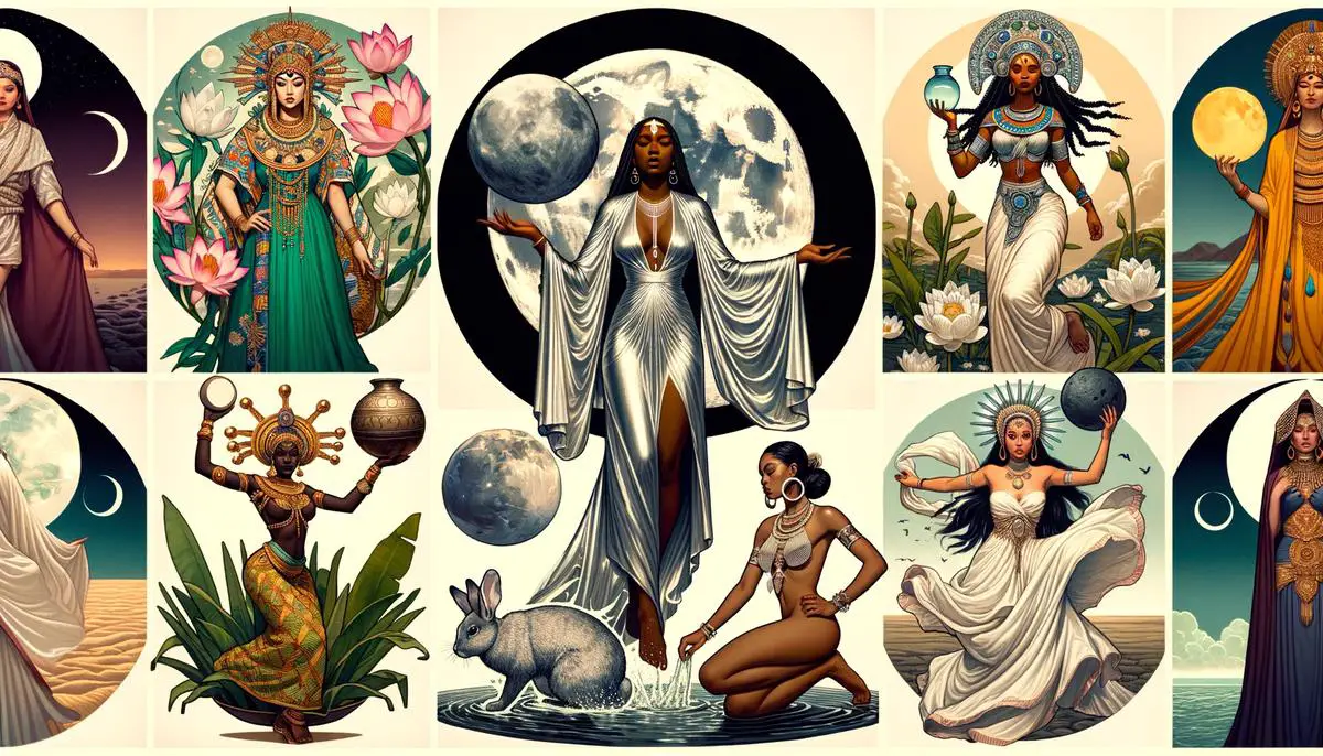 Collage of cultural moon goddess symbols from various traditions