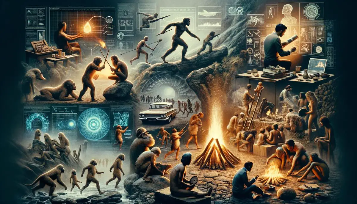 An illustration showcasing the various cultural and technological advancements of Homo sapiens, including the development of complex tools, the use of fire, artistic expressions, and symbolic behaviors.