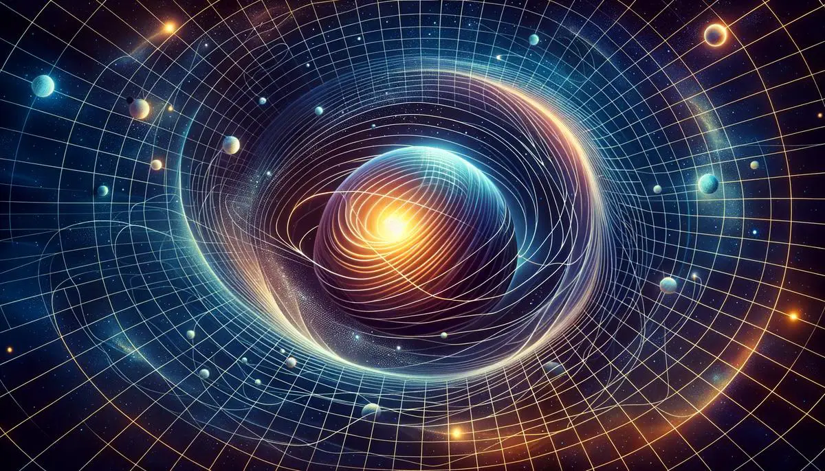A visualization of curved space-time with a large celestial body warping the fabric around it, demonstrating Einstein's theory of gravity