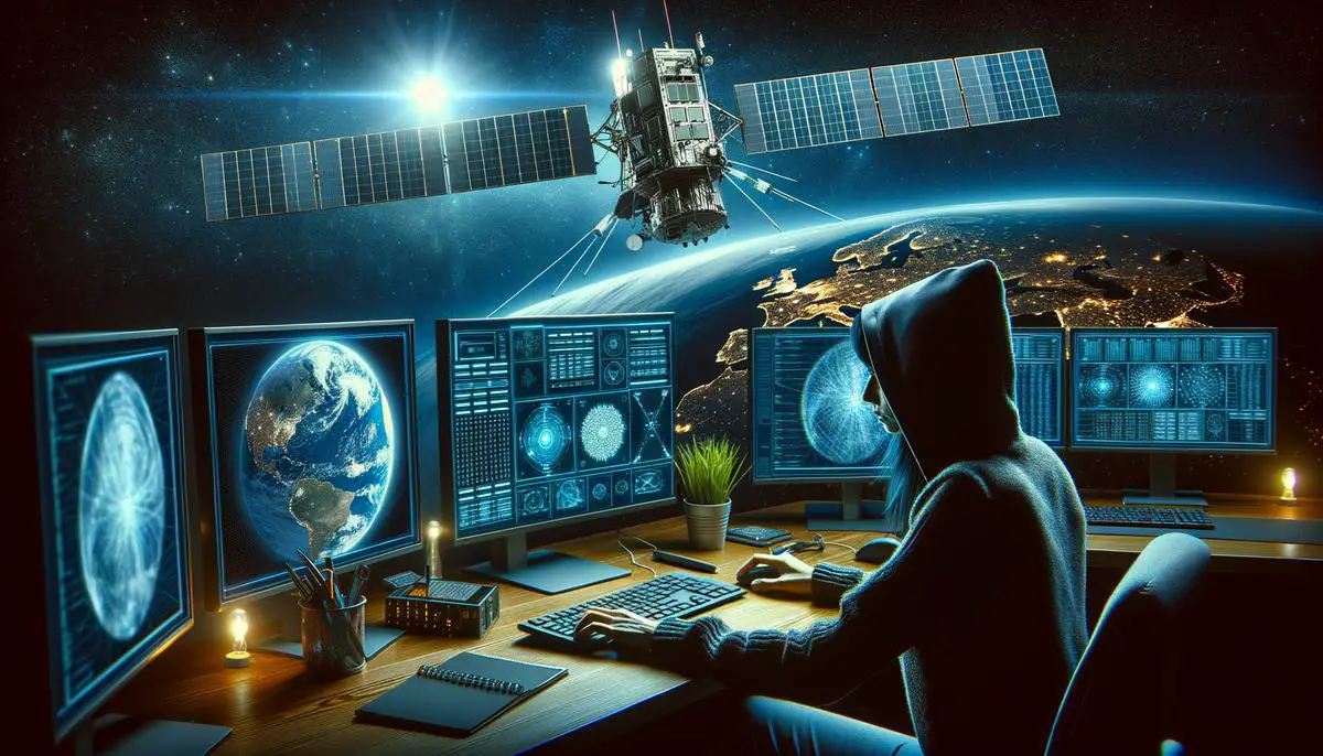 An illustration depicting a cyber security threat to meteorological satellites, with a hacker attempting to infiltrate the satellite's systems.