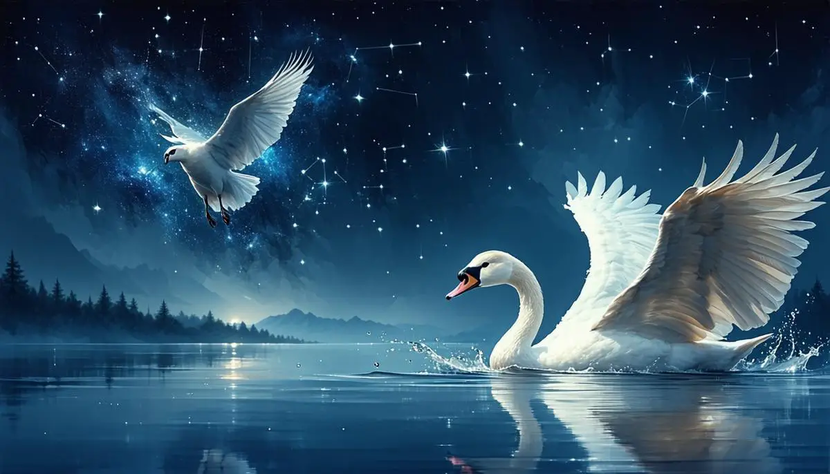 An artistic representation of Zeus as a swan approaching Leda, with the Cygnus constellation in the background