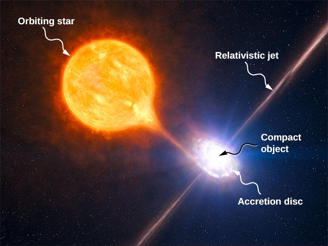 Diagram of the Cygnus X-3 X-ray binary system, showing the Wolf-Rayet star orbiting a compact object with an accretion disk and jets