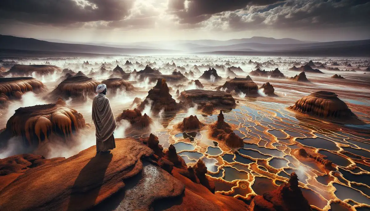 Harsh landscape of the Danakil Depression with colorful mineral formations, hot springs, and an Afar person in traditional attire