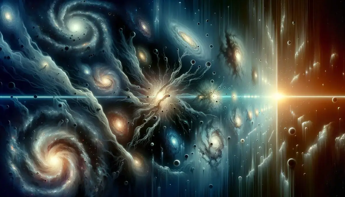 A visual representation of the universe's accelerating expansion due to dark energy, showing galaxies moving apart