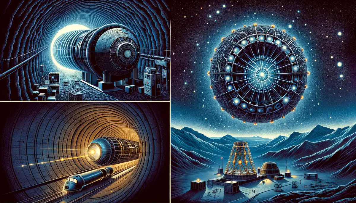 A collage showing various dark matter detection methods including underground detectors and space-based observatories