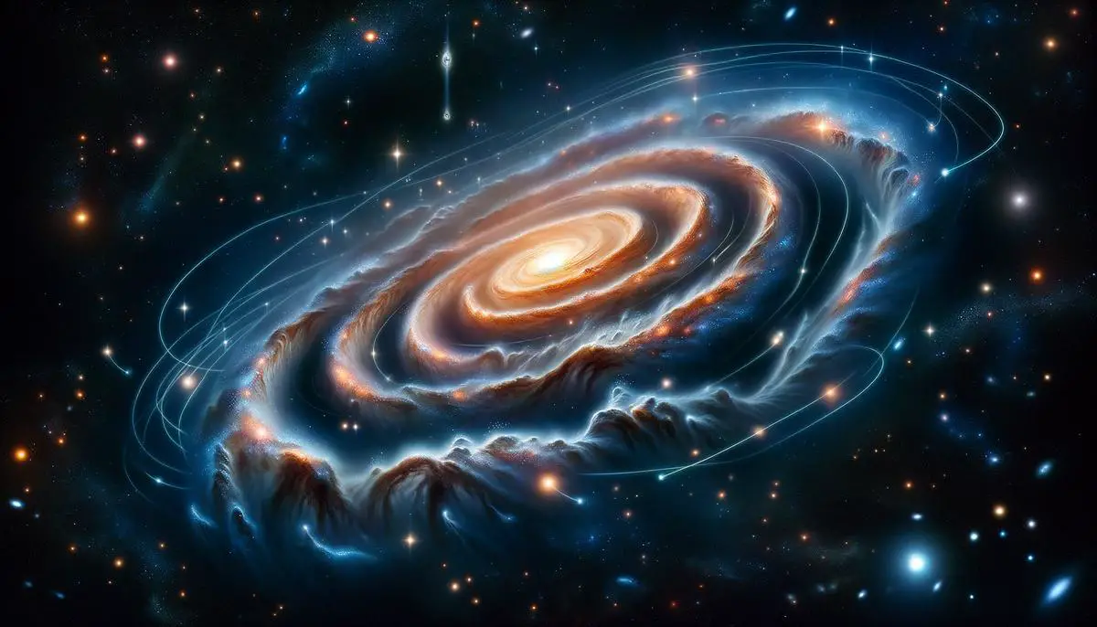 A spiral galaxy surrounded by an invisible dark matter halo, illustrated through gravitational effects on nearby stars and gas