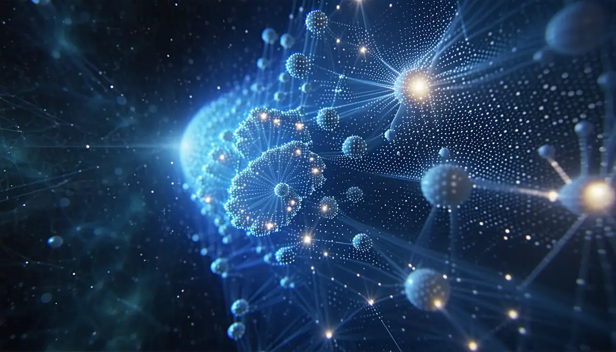 An artistic visualization of dark matter particles interacting with regular matter