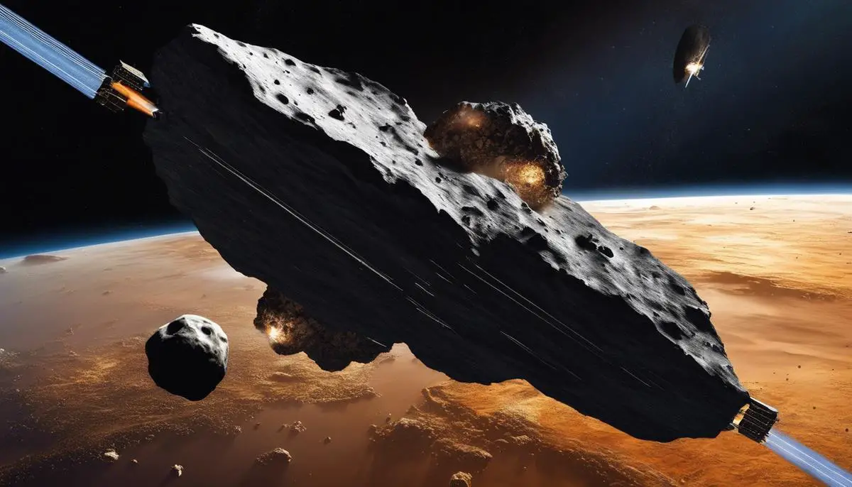 Illustration depicting the Double Asteroid Redirection Test (DART) spacecraft approaching and impacting an asteroid with debris scattering in space.