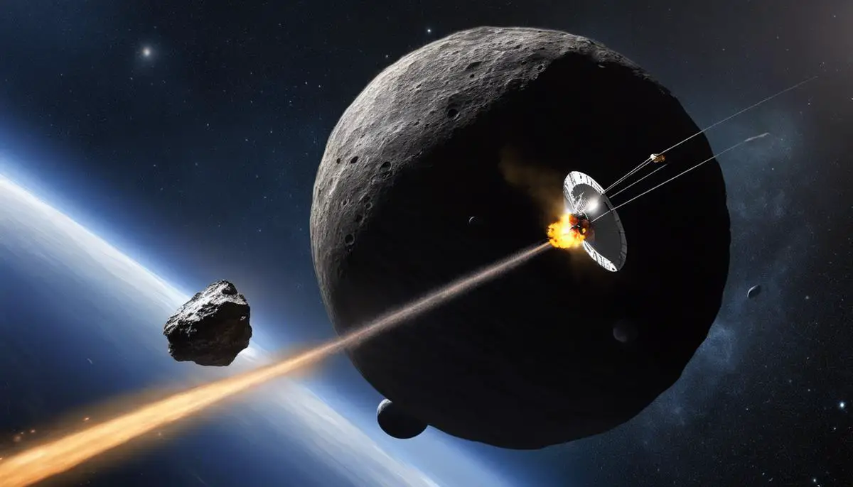 A computer-generated image depicting the impact of the DART mission on the Didymoon asteroid system. The image shows a spacecraft colliding with the smaller moonlet, altering its course.