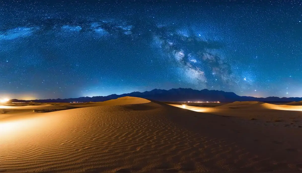 Panoramic view of Death Valley's Mesquite Flat Sand Dunes under a starry night sky with the Milky Way visible