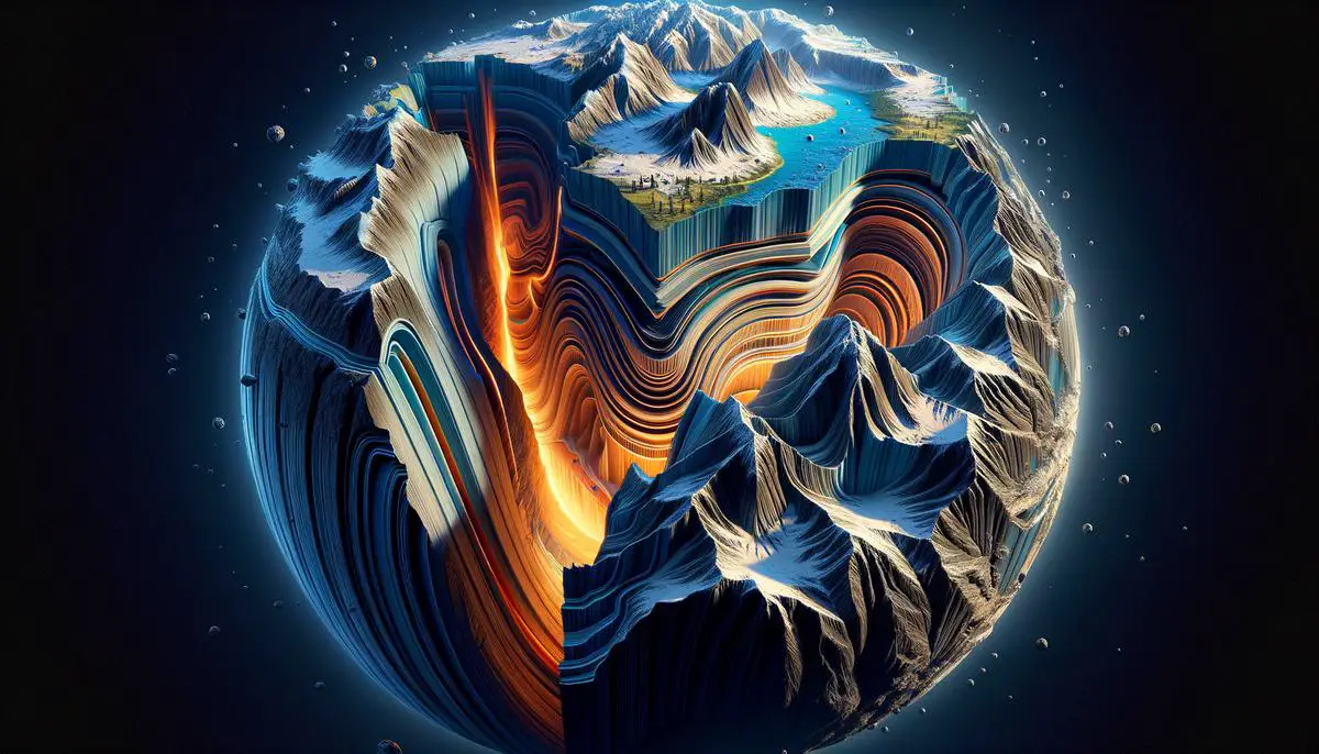 A cross-section view of Earth's interior showing deep mantle processes impacting mountain formation