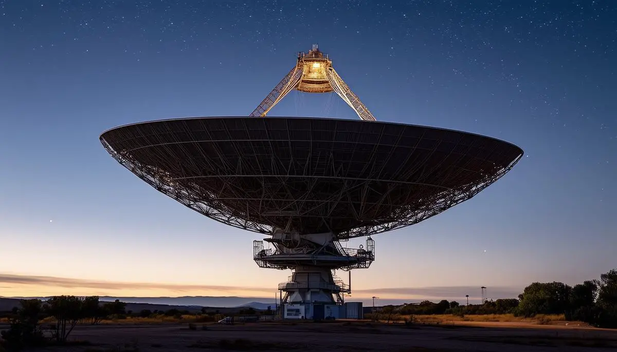 Large radio antenna dish of NASA's Deep Space Network pointed at the night sky