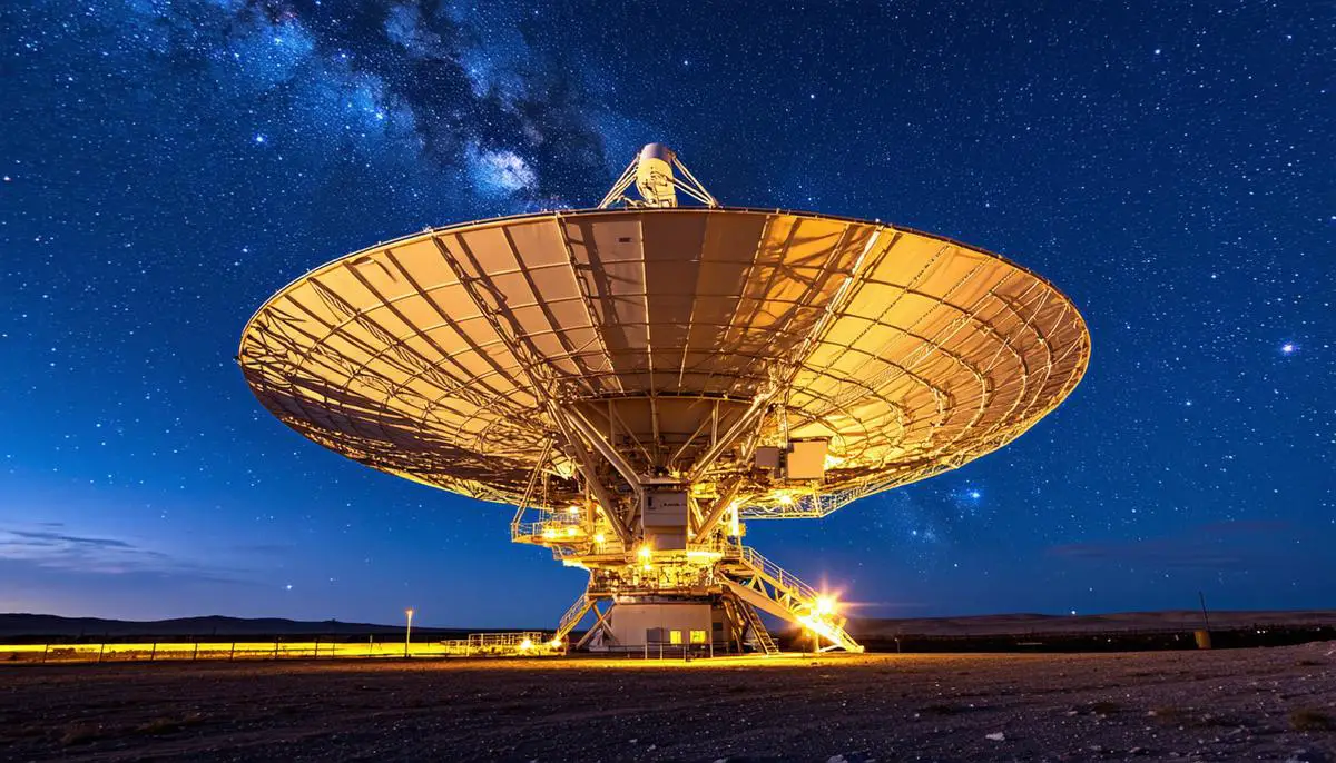 A massive Deep Space Network antenna dish pointed towards the night sky, with stars visible in the background