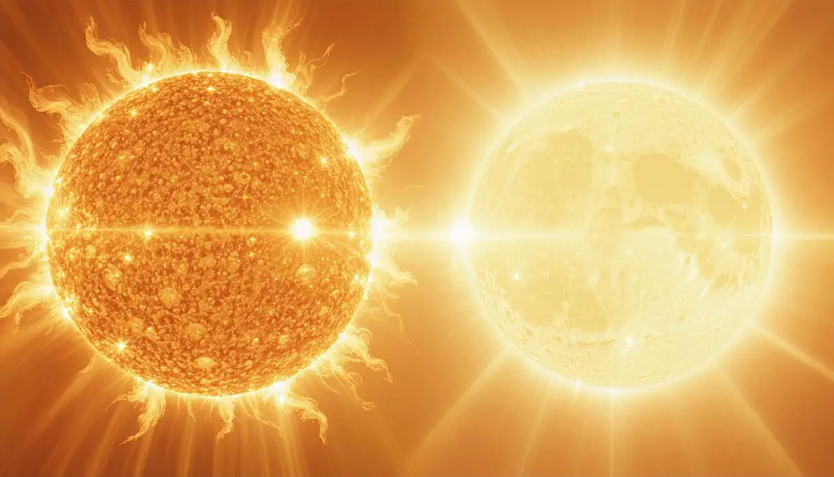 Comparison of Deneb to our Sun, showing the vast difference in size and brightness