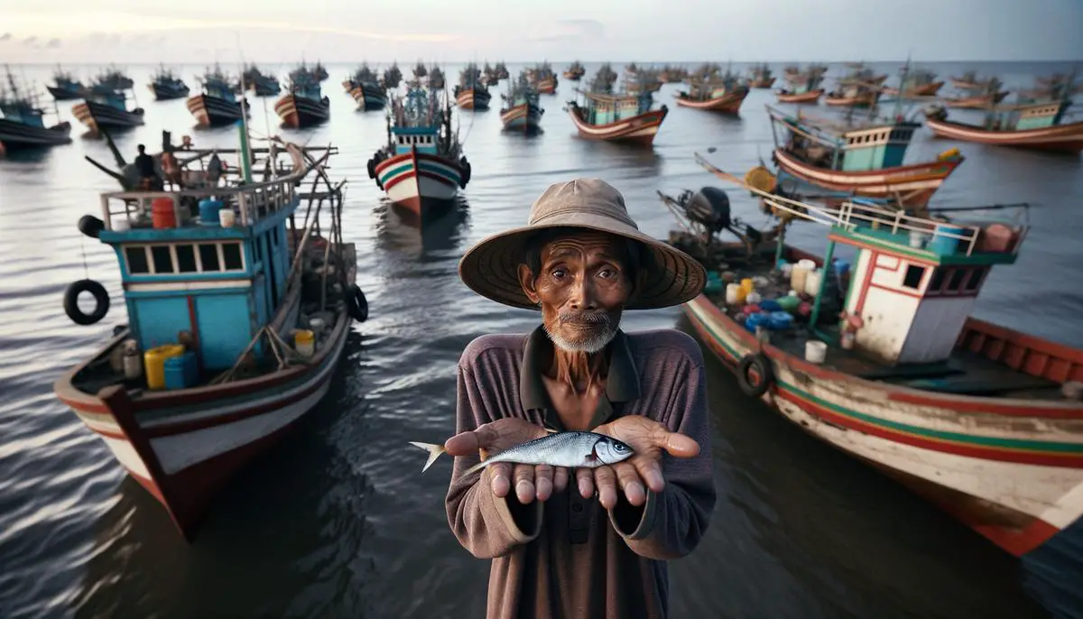 Photo of a fisherman with a small catch, representing the impact of diminishing fish stocks on equatorial communities