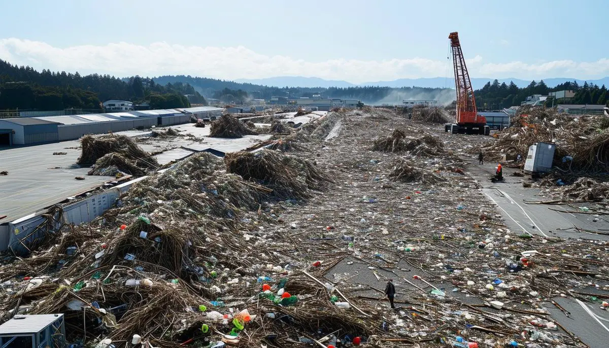 Large-scale disaster waste management operation in Japan, showing sorting and processing of debris from the 2024 tsunami