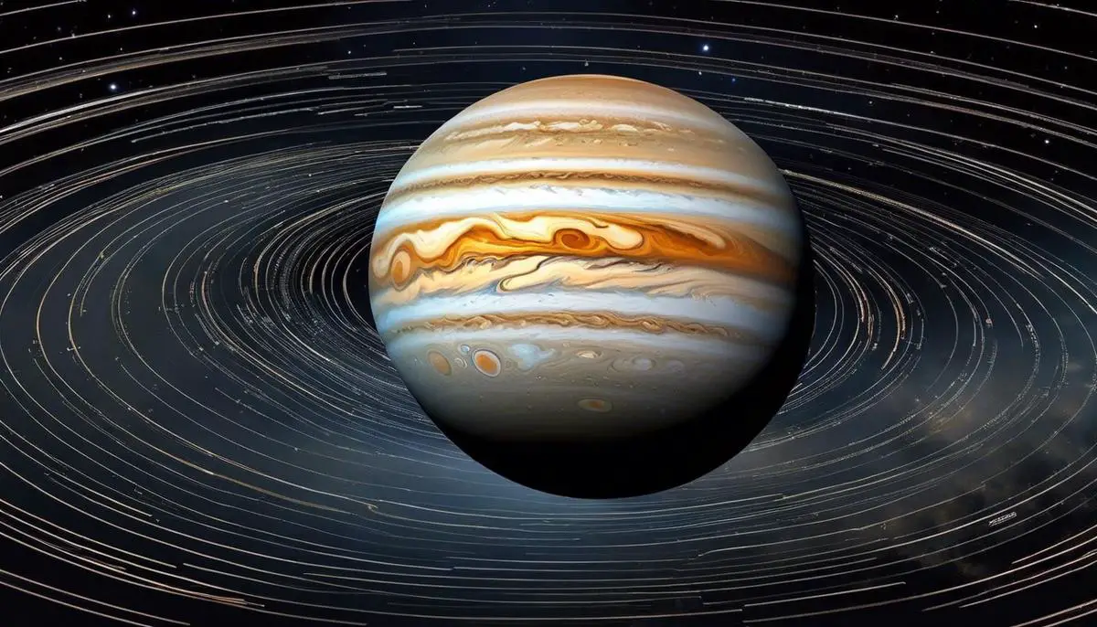 An image depicting the measurement of Jupiter's distance from Earth, showcasing the intricate mathematical calculations involved.