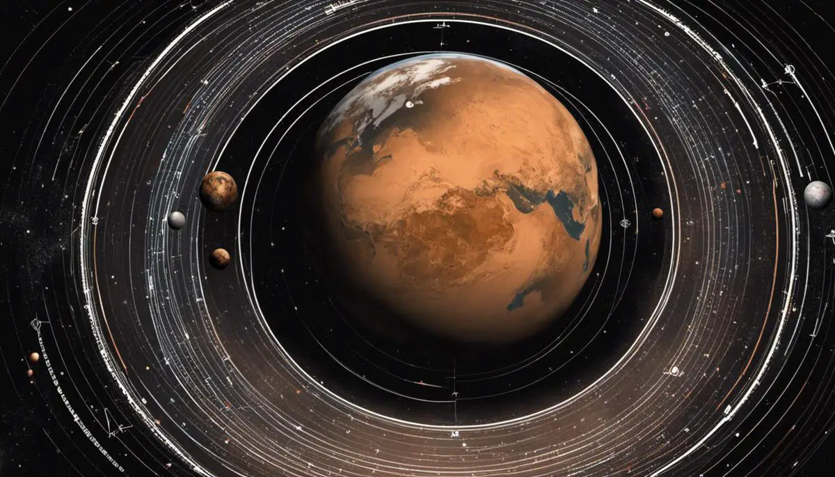 Illustration of Earth and Mars showing their elliptical orbits and the varying distances between them