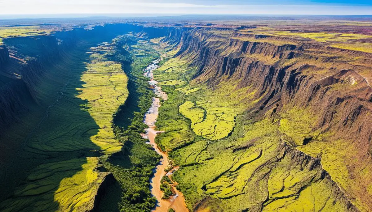 Aerial view of a rift valley formed by divergent plate boundaries