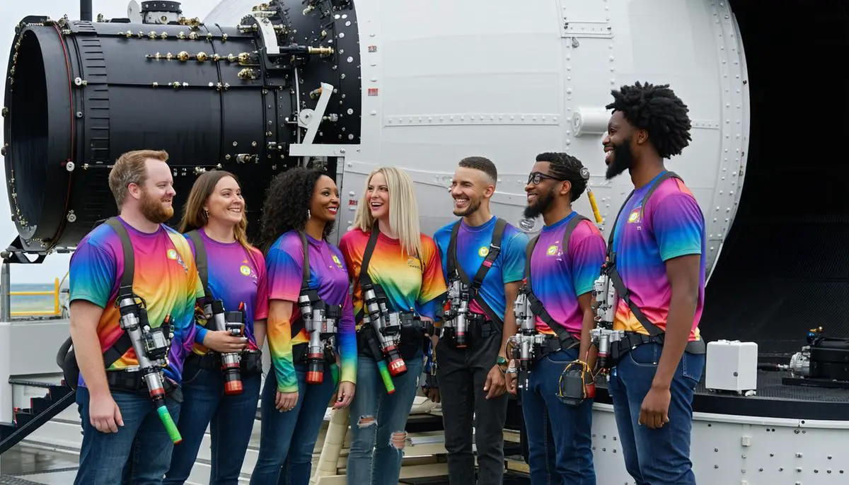 A diverse group of astronomers, including visibly LGBTQ+ individuals, working together at a large observatory telescope