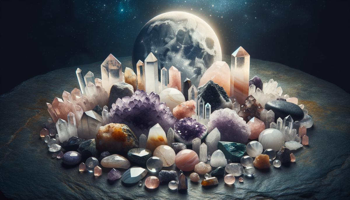 A diverse collection of crystals including moonstone, citrine, and amethyst, displayed on a natural surface under moonlight