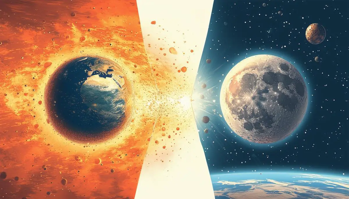 Illustration showing two sequential impacts between Earth and a Mars-sized body, leading to moon formation