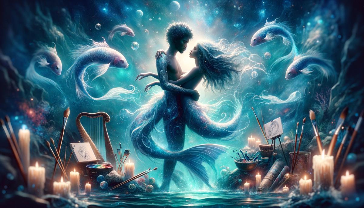 A Pisces couple in a whimsical, artistic setting surrounded by water elements