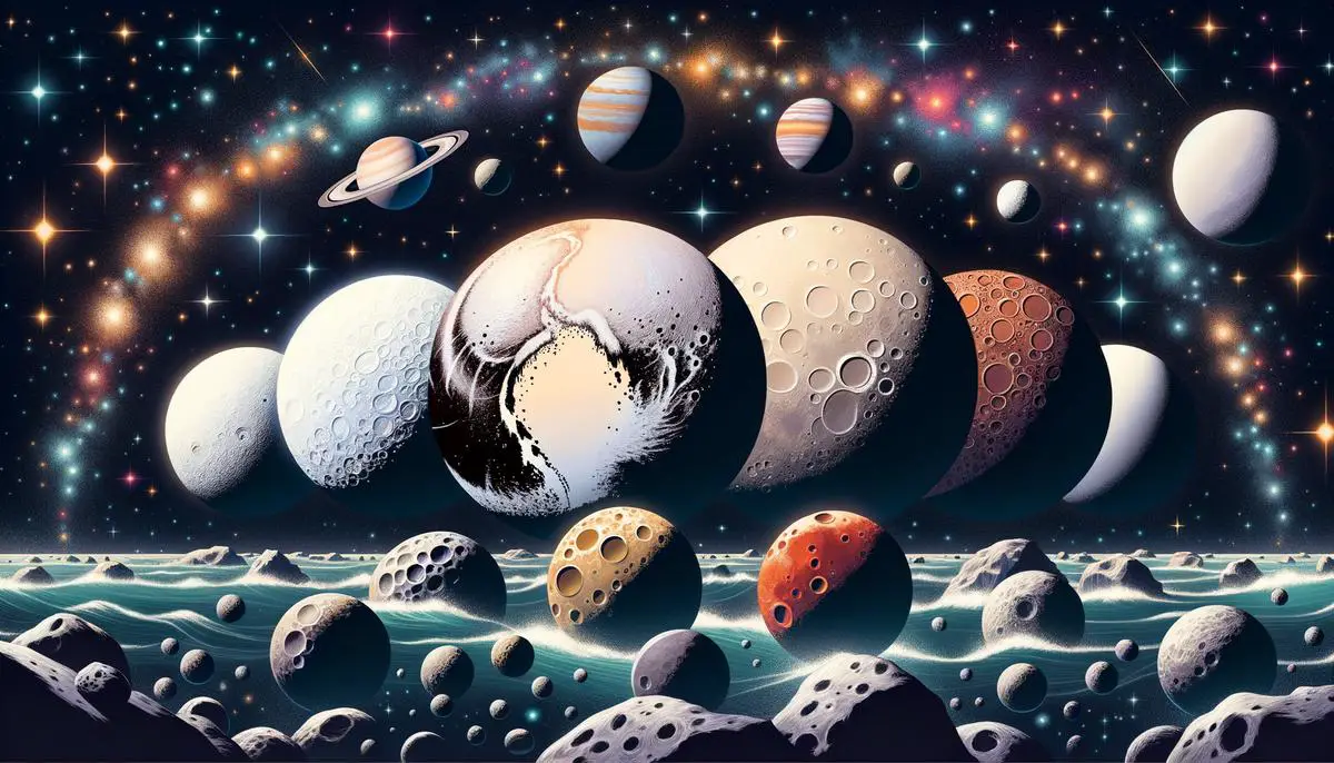 A collection of artistic representations of the five recognized dwarf planets: Pluto, Ceres, Haumea, Makemake, and Eris