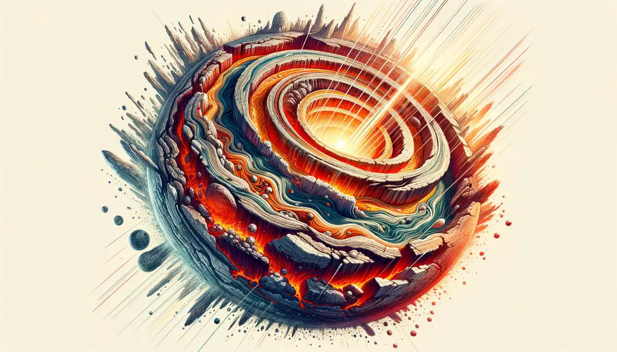 An illustration of the early Earth's core formation process, showing heavy elements sinking towards the center