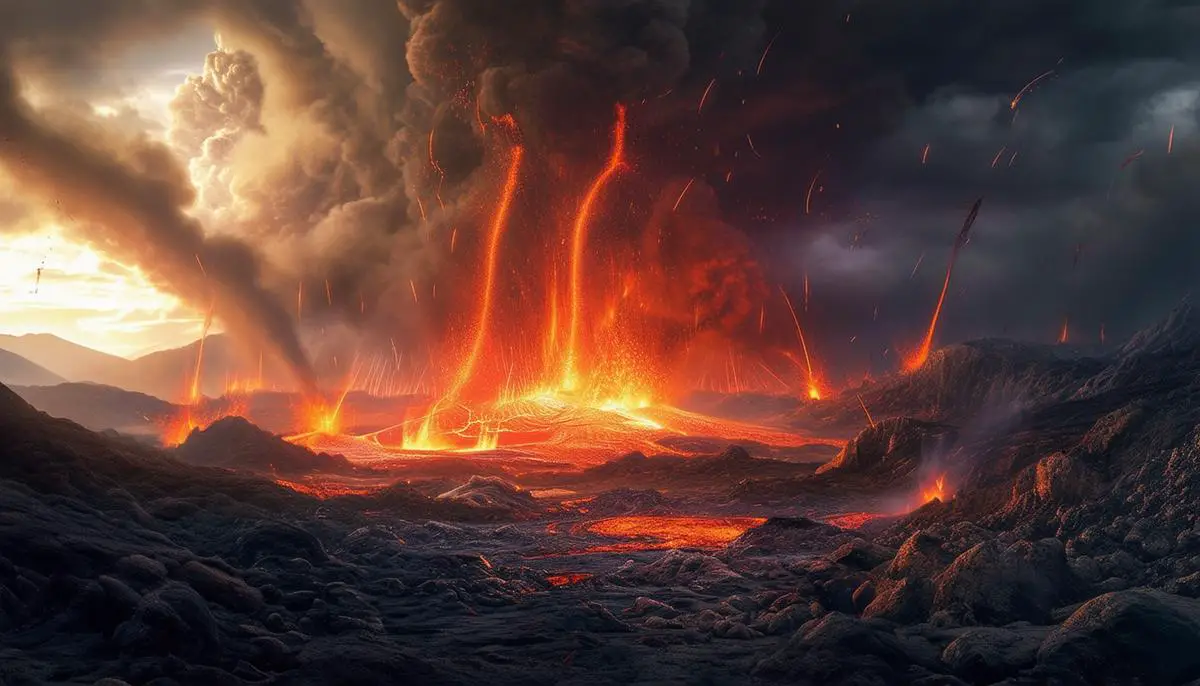 Artistic depiction of early Earth's volcanic landscape with erupting volcanoes and a primordial atmosphere