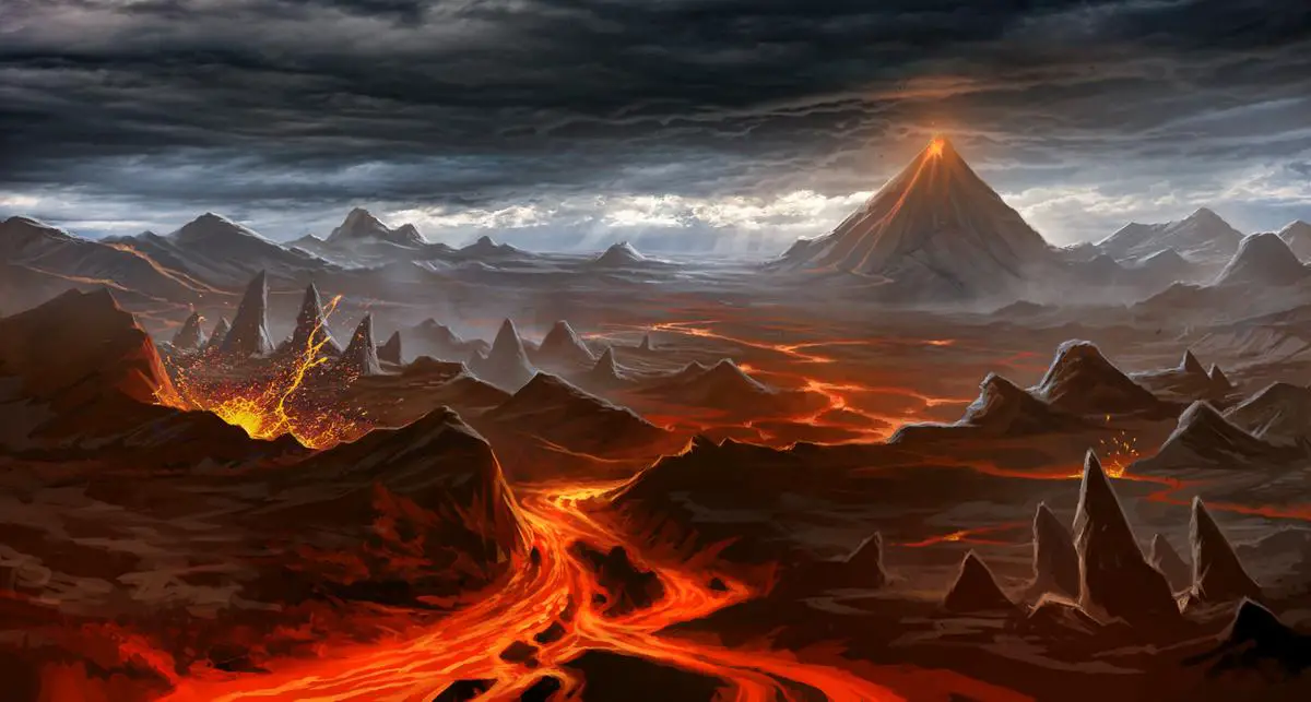 Artistic depiction of early Earth's volcanic landscape with a thick atmosphere of various gases