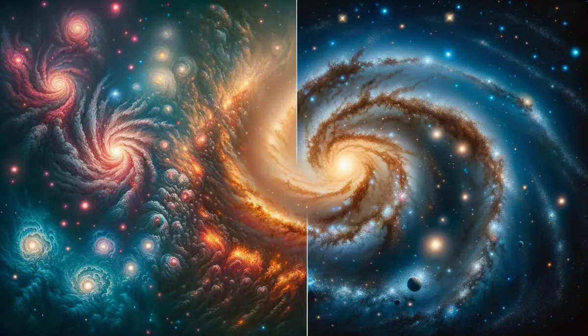A split image comparing a chaotic young galaxy simulation with the observed orderly structure of SPT0418-47