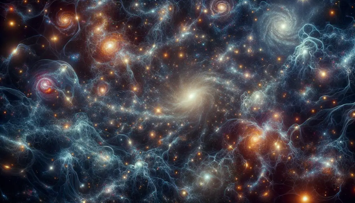 Artist's impression of the early universe with numerous young galaxies of various shapes and sizes, connected by cosmic filaments