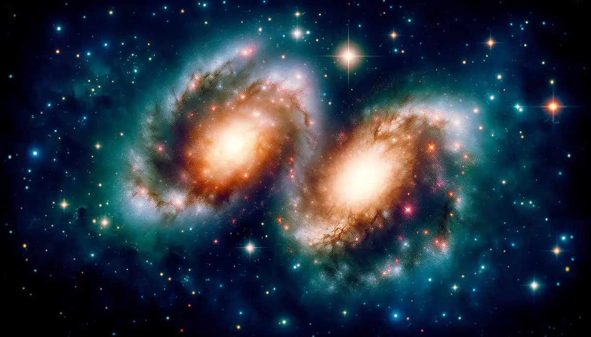 A computer-generated image of two ancient galaxies, GS-z14-0 and GS-z14-1, against a backdrop of the early universe