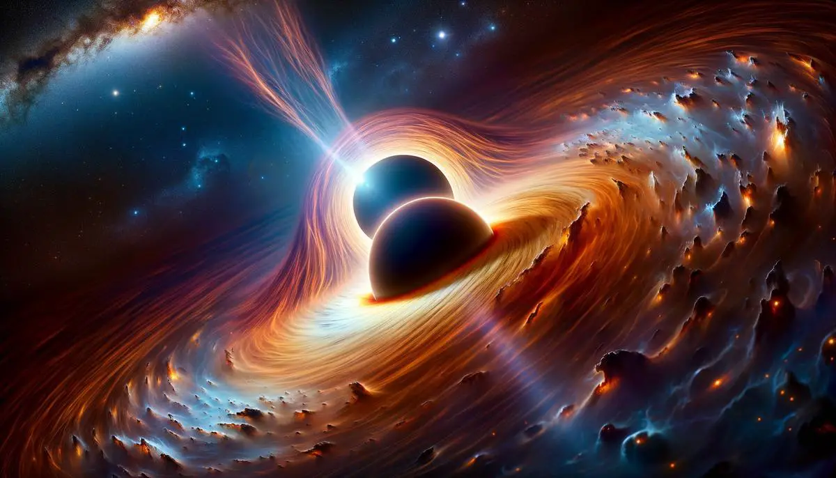 An artist's impression of two supermassive black holes merging in the early universe, based on JWST observations, with the merging host galaxies in the background.