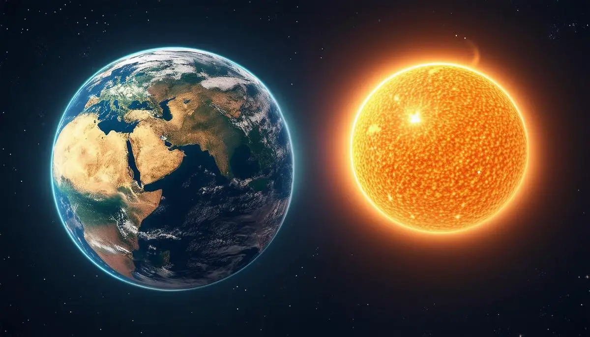 A visual representation of the size difference between the Earth and the Sun, with the Earth appearing as a tiny dot next to the enormous Sun.