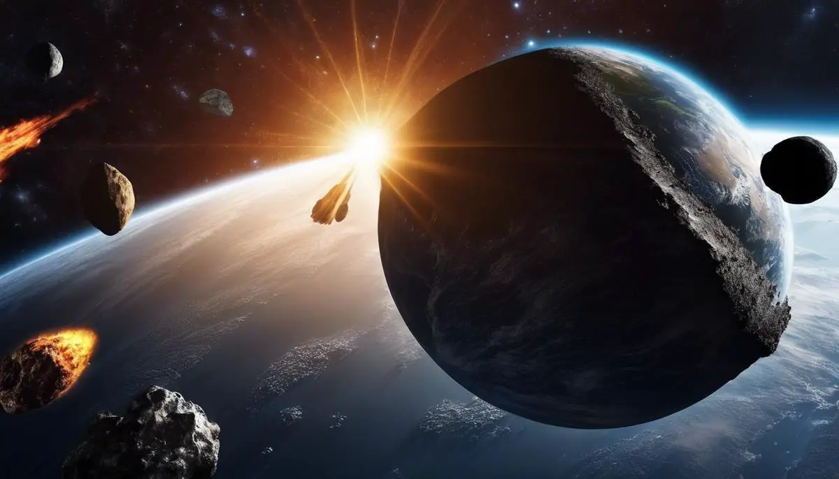 An image depicting Earth and asteroids in space, emphasizing the interaction and impact of asteroids on our planet.