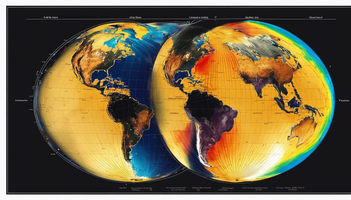 Image of Earth's gravitational field showing its influence on celestial bodies, tides, magnetosphere, and geophysical features.