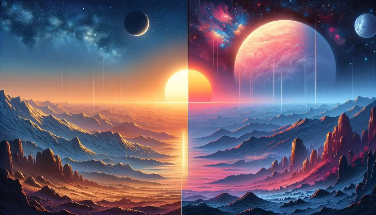 A side-by-side comparison of sunrise scenes on Earth and Proxima b, highlighting their unique characteristics