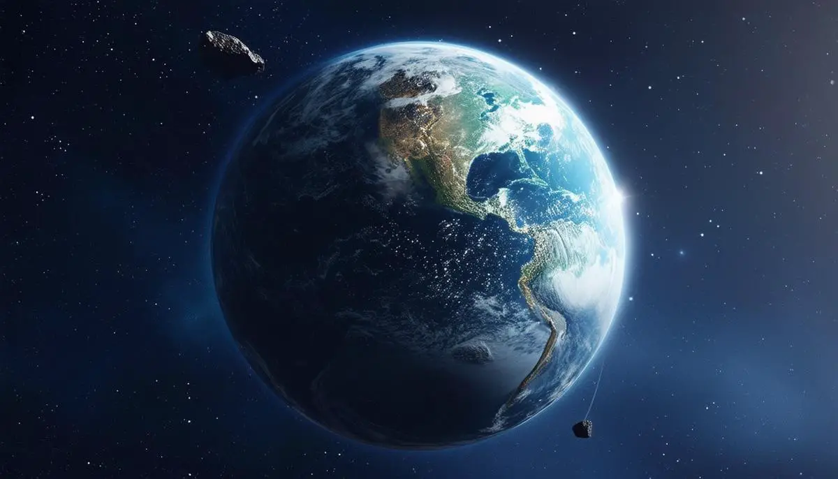 Artistic representation of Earth with a small asteroid temporarily captured in its orbit