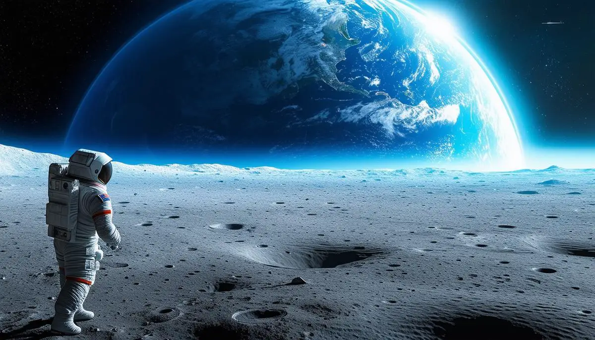 A large, blue Earth rising over the lunar horizon, with an astronaut in the foreground