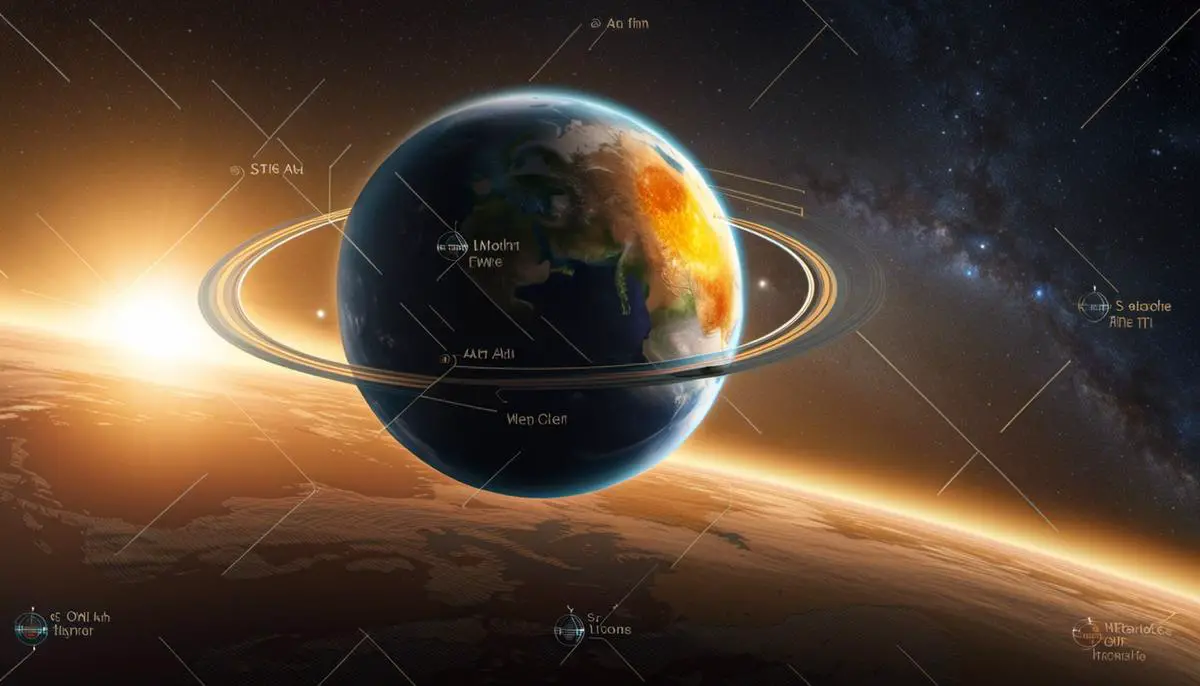Illustration of Earth's orbit around the Sun, showcasing its elliptical shape and axial tilt.