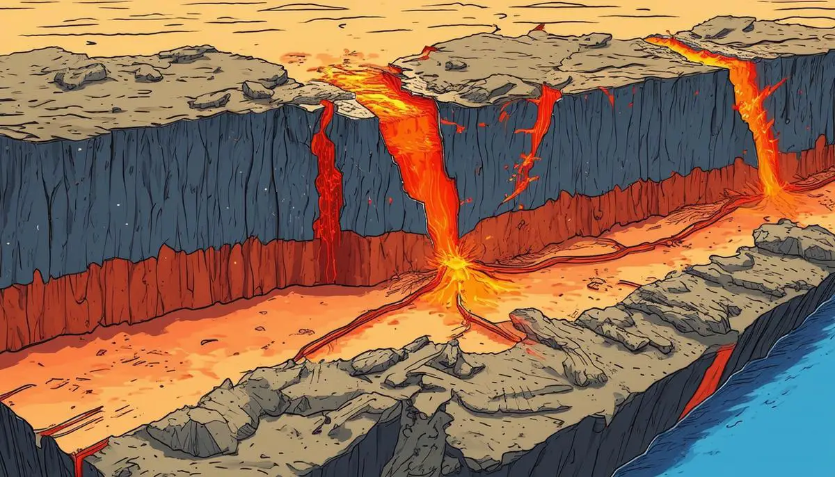 Illustration of tectonic plates moving and causing an earthquake at a fault line